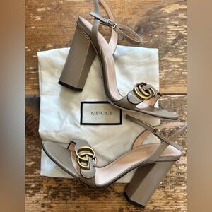 GUCCI Greige GG Marmont Stack Heel Sandal